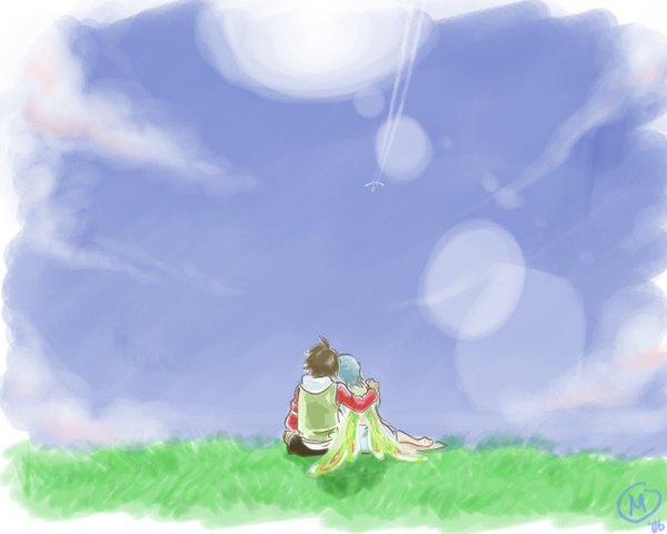 Anime picture 1280x1024 with eureka seven studio bones eureka renton thurston short hair brown hair sitting sky from behind aqua hair couple hug back girl boy plant (plants) wings grass