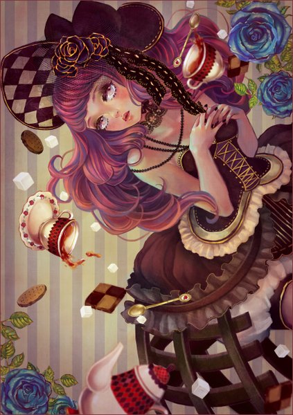 Anime picture 1748x2480 with original zihling single long hair tall image blush fringe highres purple eyes bare shoulders pink hair nail polish striped lacing hands clasped striped background girl dress flower (flowers) hat