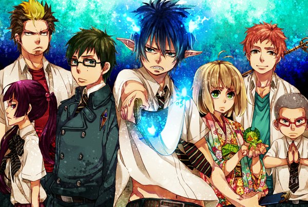 Anime picture 1748x1181 with ao no exorcist a-1 pictures okumura rin okumura yukio moriyama shiemi shima renzou kamiki izumo suguro ryuuji miwa konekomaru nii (ao no exorcist) nadame (ume645) long hair highres short hair blue eyes black hair blonde hair smile red eyes brown hair