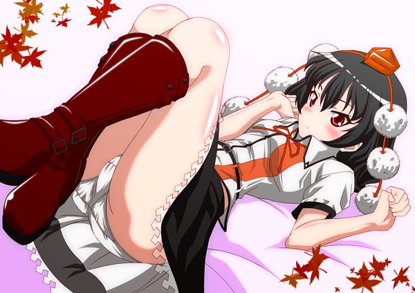 Anime picture 1754x1241 with touhou shameimaru aya tatsuya (guild-plus) single blush highres short hair light erotic black hair red eyes pantyshot legs girl underwear panties hat boots leaf (leaves) pom pom (clothes)