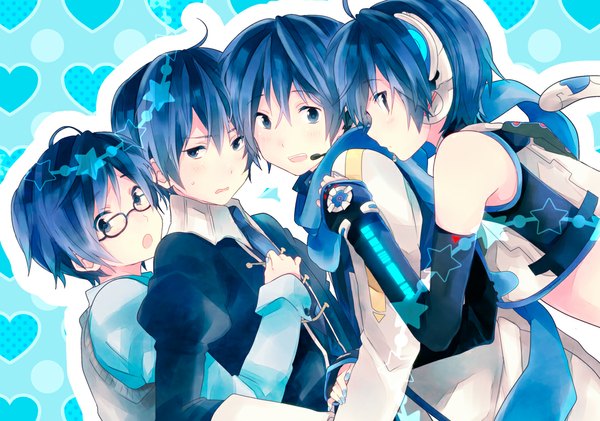 Anime picture 1100x773 with project diva project diva 2nd vocaloid kaito (vocaloid) non (hey you!) blush short hair open mouth blue eyes bare shoulders animal ears blue hair ahoge tail nail polish profile cat ears multiple boys cat tail hug from behind