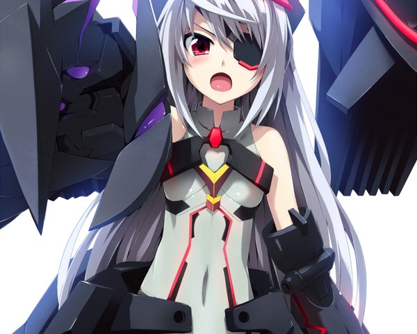 Anime picture 1280x1024 with infinite stratos 8bit laura bodewig single long hair blush open mouth simple background red eyes white background bare shoulders silver hair grey hair covered navel mecha musume girl bodysuit eyepatch mecha