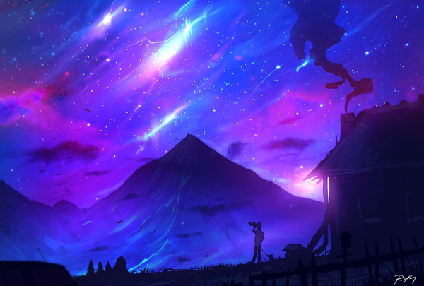 Anime picture 1579x1066 with original ryky single short hair standing holding signed looking away cloud (clouds) blurry night night sky smoke mountain glow aurora borealis boy plant (plants) animal building (buildings)