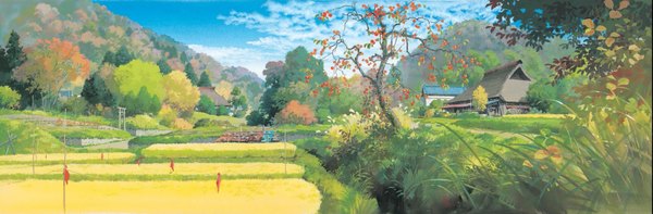 Anime picture 1600x527 with pom poko studio ghibli kazuo oga wide image sky wind mountain no people flower (flowers) plant (plants) tree (trees) leaf (leaves) grass fruit house roof persimmon