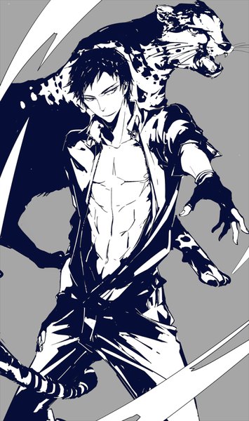 Anime picture 533x900 with kuroko no basket production i.g aomine daiki zmore single tall image fringe short hair light erotic black hair simple background standing looking away grey background open clothes alternate costume monochrome eyebrows muscle boy