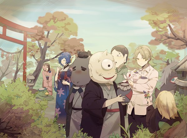 Anime picture 1000x737 with natsume yuujinchou brains base (studio) natsume takashi madara (nyanko-sensei) kogitsune hinoe benio misuzu hitotsume no chuukyuu youkai chobi-hige ushikao no chuukyuu youkai kappa (natsume yuujinchou) xi yuu blush fringe short hair blonde hair multiple girls brown eyes animal ears