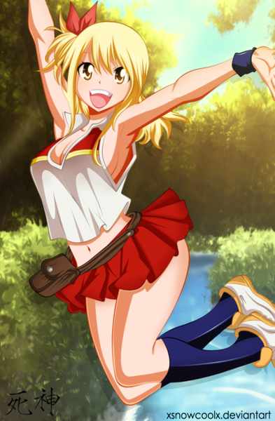 Anime picture 900x1374 with fairy tail lucy heartfilia xsnowcoolx single long hair tall image open mouth blonde hair smile yellow eyes sky ponytail pleated skirt sunlight armpit (armpits) midriff coloring side ponytail hieroglyph spread arms