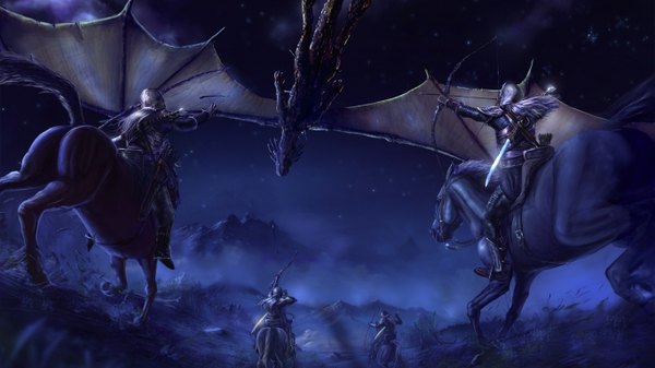 Anime picture 1366x768 with lord of the rings tagme (character) tagme (artist) long hair blonde hair wide image sky night from below group mountain flying fog riding boy gloves weapon animal sword boots