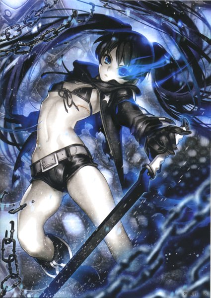Anime picture 4295x6067 with black rock shooter black rock shooter (character) midori foo single long hair tall image looking at viewer highres blue eyes black hair twintails absurdres glowing scar glowing eye (eyes) girl gloves navel weapon sword