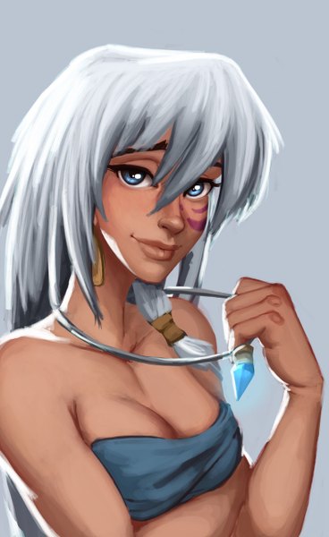 Anime picture 800x1302 with atlantis: the lost empire disney kidagakash nedakh carlos eduardo single long hair tall image looking at viewer breasts blue eyes simple background bare shoulders lips grey hair grey background facial mark girl earrings choker