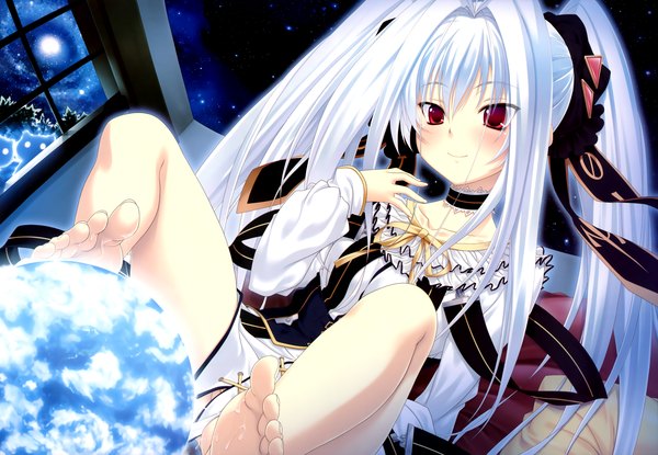 Anime picture 6669x4618 with nekonade distortion nanakase kotoko miyama zero single long hair blush highres light erotic smile red eyes twintails absurdres white hair barefoot legs girl dress ribbon (ribbons) hair ribbon choker