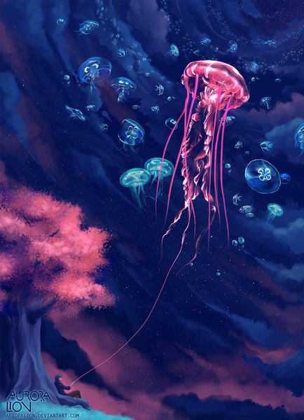 Anime picture 868x1200 with original auroralion tall image short hair sitting blue hair looking away cloud (clouds) bent knee (knees) night night sky cherry blossoms looking up boy plant (plants) tree (trees) star (stars) thread jellyfish