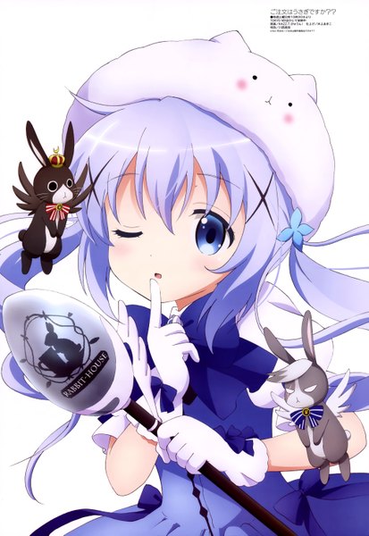 Anime picture 4091x5938 with gochuumon wa usagi desu ka? white fox megami magazine kafuu chino single long hair tall image looking at viewer blush highres open mouth blue eyes white background blue hair absurdres one eye closed wink official art finger to mouth girl