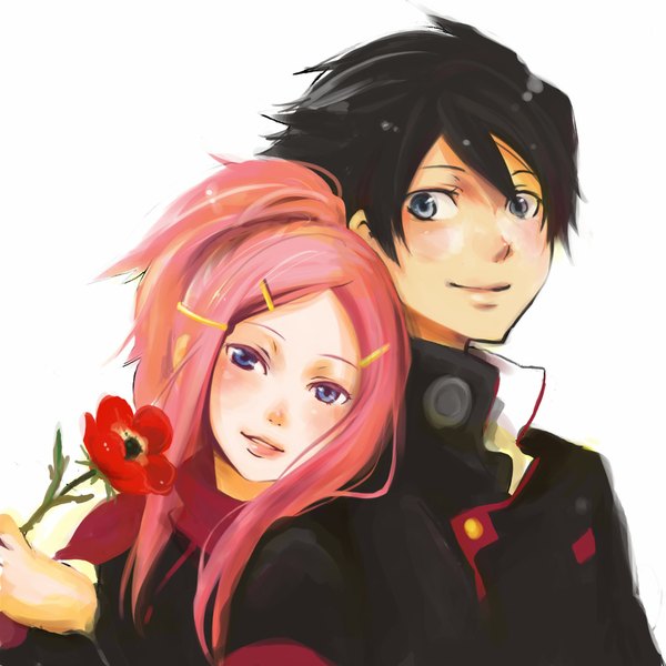 Anime picture 1000x1000 with eureka seven studio bones anemone dominic sorel long hair looking at viewer blush short hair blue eyes black hair simple background smile white background pink hair couple girl boy hair ornament flower (flowers) hairclip