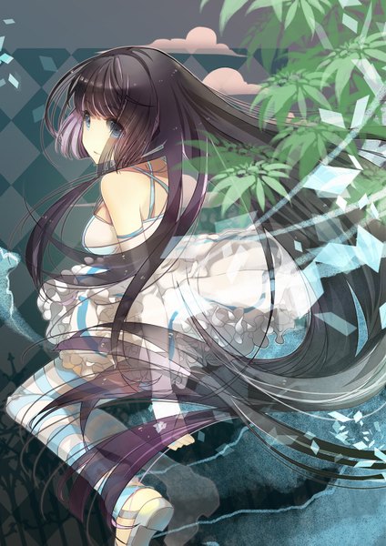 Anime picture 1050x1485 with panty & stocking with garterbelt anarchy stocking long hair tall image blue eyes black hair looking back from behind rhombus girl thighhighs plant (plants) striped thighhighs