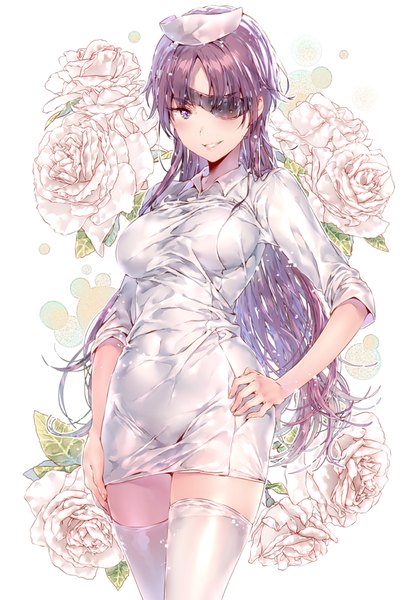 Anime picture 600x861 with mirai nikki uryuu minene dsmile single long hair tall image looking at viewer blush light erotic purple hair zettai ryouiki hand on hip nurse girl thighhighs dress uniform flower (flowers) white thighhighs rose (roses)