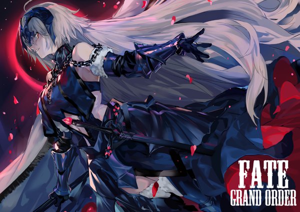 Anime picture 990x698 with fate (series) fate/grand order jeanne d'arc (fate) (all) jeanne d'arc alter (fate) jeanne d'arc alter (avenger) (third ascension) (fate) ran (pixiv2957827) single looking at viewer fringe smile hair between eyes yellow eyes ahoge very long hair profile grey hair copyright name floating hair spread arms girl
