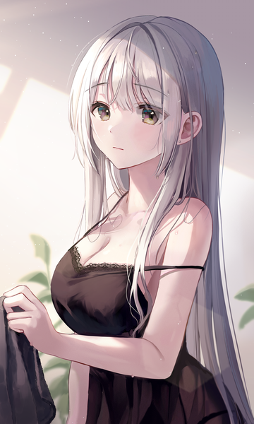 Anime picture 3000x5000 with original myowa single long hair tall image looking at viewer blush fringe highres breasts light erotic hair between eyes large breasts bare shoulders holding brown eyes payot cleavage silver hair upper body