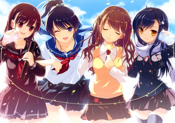 Anime picture 4600x3247 with original shirahane nao long hair blush highres open mouth black hair smile red eyes brown hair purple eyes multiple girls absurdres ponytail eyes closed one eye closed wink orange eyes girl uniform