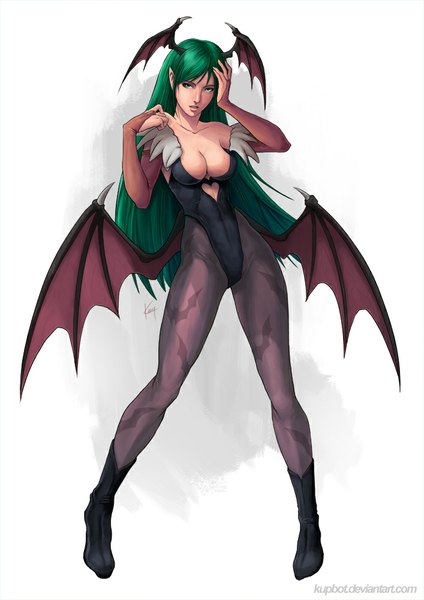 Anime picture 707x1000 with vampire / darkstalkers (game) capcom morrigan aensland kupbot single long hair tall image looking at viewer breasts light erotic simple background standing white background bare shoulders green eyes cleavage green hair lips pointy ears demon girl