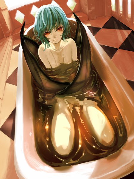 Anime picture 1000x1332 with touhou remilia scarlet epitaph (1122) single tall image looking at viewer short hair light erotic smile red eyes sitting bare shoulders bent knee (knees) from above aqua hair bare legs checkered floor demon wings floor girl