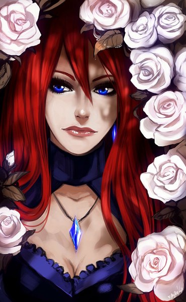 Anime picture 700x1134 with original enijoi single long hair tall image breasts blue eyes red hair lips close-up eyebrows face makeup girl flower (flowers) earrings rose (roses) pendant jewelry white rose