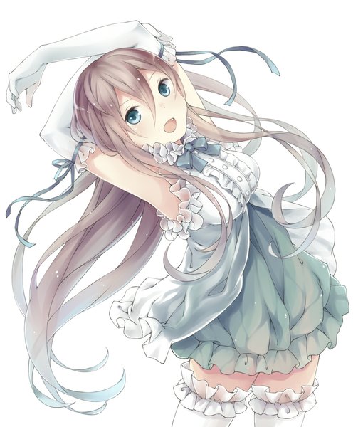 Anime picture 1000x1176 with original aquariumtama single long hair tall image open mouth blue eyes simple background brown hair white background girl thighhighs dress gloves white thighhighs elbow gloves frills