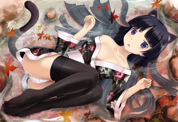 Anime picture 1455x1000 with ore no imouto ga konna ni kawaii wake ga nai gokou ruri edogawakid single long hair blush open mouth light erotic black hair purple eyes animal ears lying japanese clothes barefoot cat ears cat tail no shoes girl thighhighs underwear