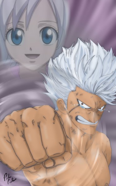 Anime picture 2893x4639 with fairy tail lisanna strauss elfman strauss tall image highres short hair open mouth blue eyes simple background smile brown eyes white hair tears scar muscle angry girl boy fist