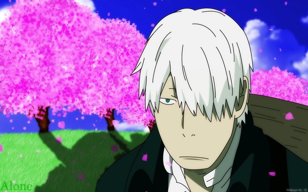 Anime picture 1920x1200 with mushishi ginko fringe highres wide image white hair hair over one eye cherry blossoms
