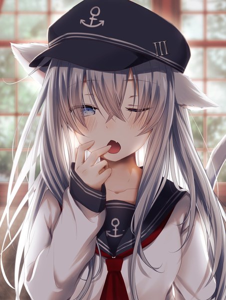Anime picture 1512x2000 with kantai collection hibiki destroyer haruno suzune single long hair tall image looking at viewer blush fringe open mouth blue eyes hair between eyes animal ears silver hair upper body indoors tail long sleeves animal tail one eye closed