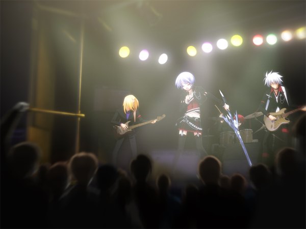 Anime picture 1280x960 with chaos;head kishimoto ayase short hair blonde hair blue hair white hair sword microphone guitar