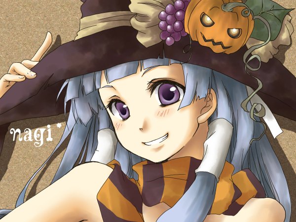 Anime picture 1200x900 with kannagi nagi (kannagi) single long hair blush smile purple eyes blue hair inscription halloween girl food scarf witch hat berry (berries) vegetables jack-o'-lantern pumpkin grapes