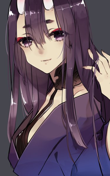 Anime picture 1061x1700 with fate (series) fate/grand order shuten douji (fate) ichinose rei single long hair tall image looking at viewer fringe simple background hair between eyes purple eyes purple hair horn (horns) light smile adjusting hair eyebrows alternate hairstyle eyeshadow oni horns