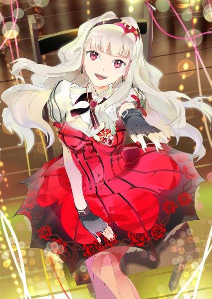 Anime picture 850x1200 with idolmaster shijou takane 119 single long hair tall image looking at viewer open mouth white hair pink eyes outstretched hand my dear vampire girl dress gloves earrings hairband fingerless gloves