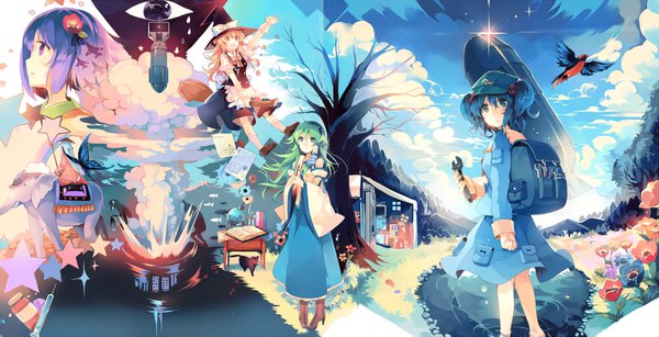 Anime picture 1452x743 with touhou kirisame marisa kochiya sanae kawashiro nitori hieda no akyuu kirero (pixiv) looking at viewer fringe blue eyes blonde hair hair between eyes wide image standing purple eyes multiple girls holding green eyes yellow eyes blue hair sky