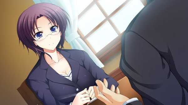 Anime picture 2560x1440 with atled everlasting song highres short hair blue eyes black hair wide image game cg girl glasses