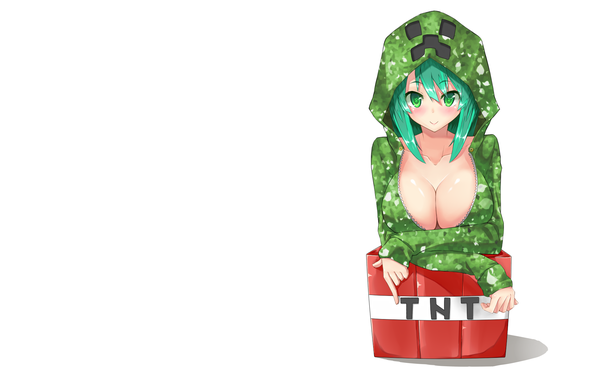 Anime picture 1920x1200 with minecraft creeper uyu (keyakinoki) single looking at viewer blush highres short hair breasts light erotic simple background wide image large breasts white background green eyes green hair personification girl hood tnt block (minecraft)