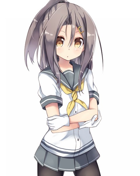 Anime picture 1024x1280 with kantai collection zuihou light aircraft carrier amano kouki single long hair tall image looking at viewer blush simple background white background brown eyes ponytail grey hair crossed arms hamakaze destroyer (cosplay) girl skirt gloves hair ornament bow
