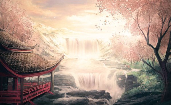 Anime picture 1280x783 with original park jae-cheol wide image cloud (clouds) sunlight cherry blossoms mountain landscape river waterfall plant (plants) petals water building (buildings) grass stone (stones) roof