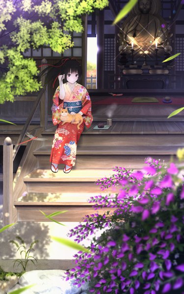 Anime picture 1250x2000 with original taka (tsmix) single long hair tall image looking at viewer black hair sitting ponytail traditional clothes japanese clothes wind black eyes depth of field floral print girl flower (flowers) animal kimono insect
