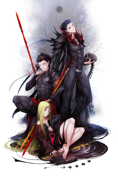 Anime picture 1000x1500 with fate (series) fate/stay night fate/zero fate/strange fake studio deen type-moon enkidu (fate) cu chulainn (fate) diarmuid ua duibhne (lancer) (fate) danhu long hair tall image looking at viewer fringe light erotic black hair smile red eyes standing sitting