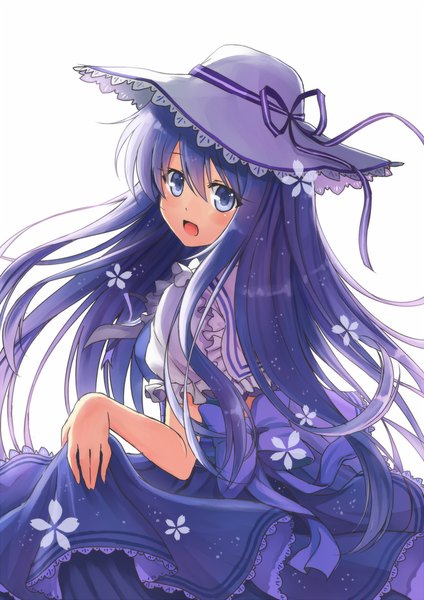 Anime picture 800x1131 with original terras single long hair tall image blush open mouth blue eyes simple background white background blue hair looking back girl dress flower (flowers) ribbon (ribbons) hat