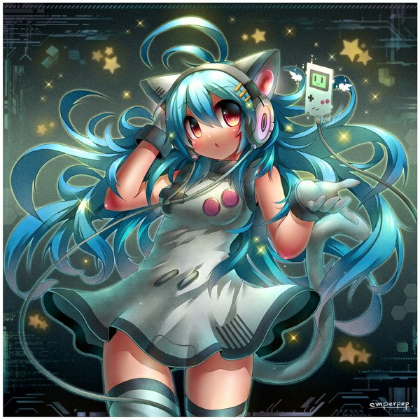 Anime picture 905x905 with original emperpep single long hair blush animal ears ahoge tail animal tail cat ears aqua hair :o sparkle cat girl cat tail orange eyes framed cover hand on headphones album cover