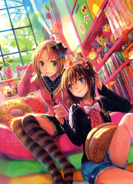 Anime picture 1918x2654 with original fuzichoco tall image fringe highres short hair blue eyes smile hair between eyes brown hair sitting multiple girls green eyes indoors orange hair zettai ryouiki side ponytail striped girl thighhighs