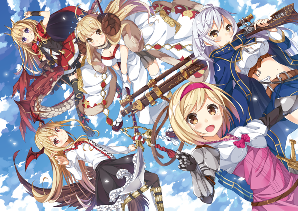 Anime picture 913x647 with granblue fantasy gita (granblue fantasy) vampy cagliostro (granblue fantasy) anila (granblue fantasy) silva (granblue fantasy) taiyaki (astre) long hair looking at viewer blush short hair open mouth blonde hair smile hair between eyes red eyes purple eyes multiple girls yellow eyes sky