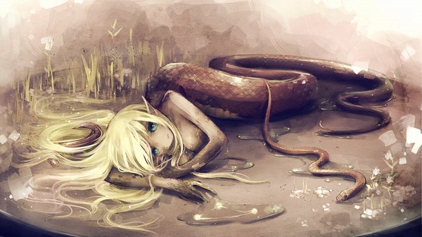 Anime picture 1243x700 with original asahiro single long hair looking at viewer fringe breasts blue eyes blonde hair wide image lying pointy ears on side monster girl mutation girl plant (plants) water snake
