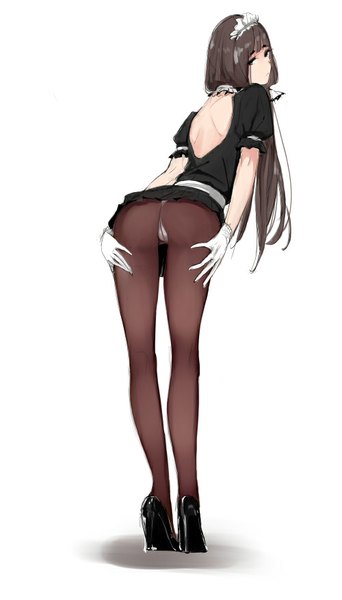 Anime picture 500x875 with original tsukino wagamo single long hair tall image looking at viewer fringe light erotic brown hair standing brown eyes full body ass looking back from behind maid high heels leaning bare back girl