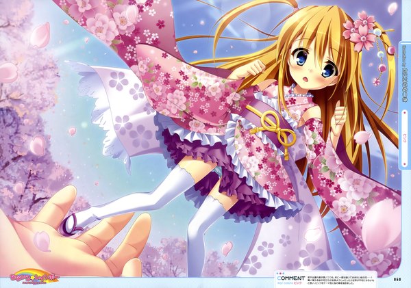 Anime picture 4701x3300 with nanairo rainbow tanihara natsuki long hair blush highres open mouth blue eyes blonde hair absurdres traditional clothes scan pantyshot cherry blossoms fairy girl thighhighs flower (flowers) plant (plants) detached sleeves petals
