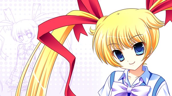Anime picture 1600x900 with little rabbits - wagamama twin tail tagme (character) single long hair looking at viewer blue eyes simple background blonde hair smile wide image white background twintails game cg upper body head tilt girl uniform ribbon (ribbons) hair ribbon school uniform